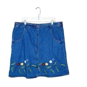 Vtg CAROLINA BLUES Women's Denim Floral Embroidered Mini Skirt 90's Cottage - 16
